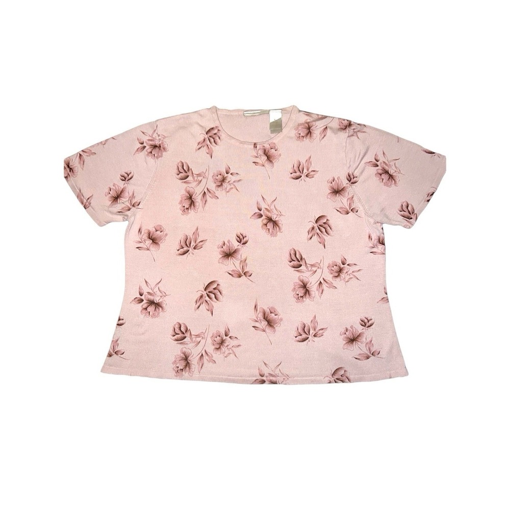 Vintage 100% Silk Floral‎ Woman's Top Size XL Pink Mauve Short Sleeve